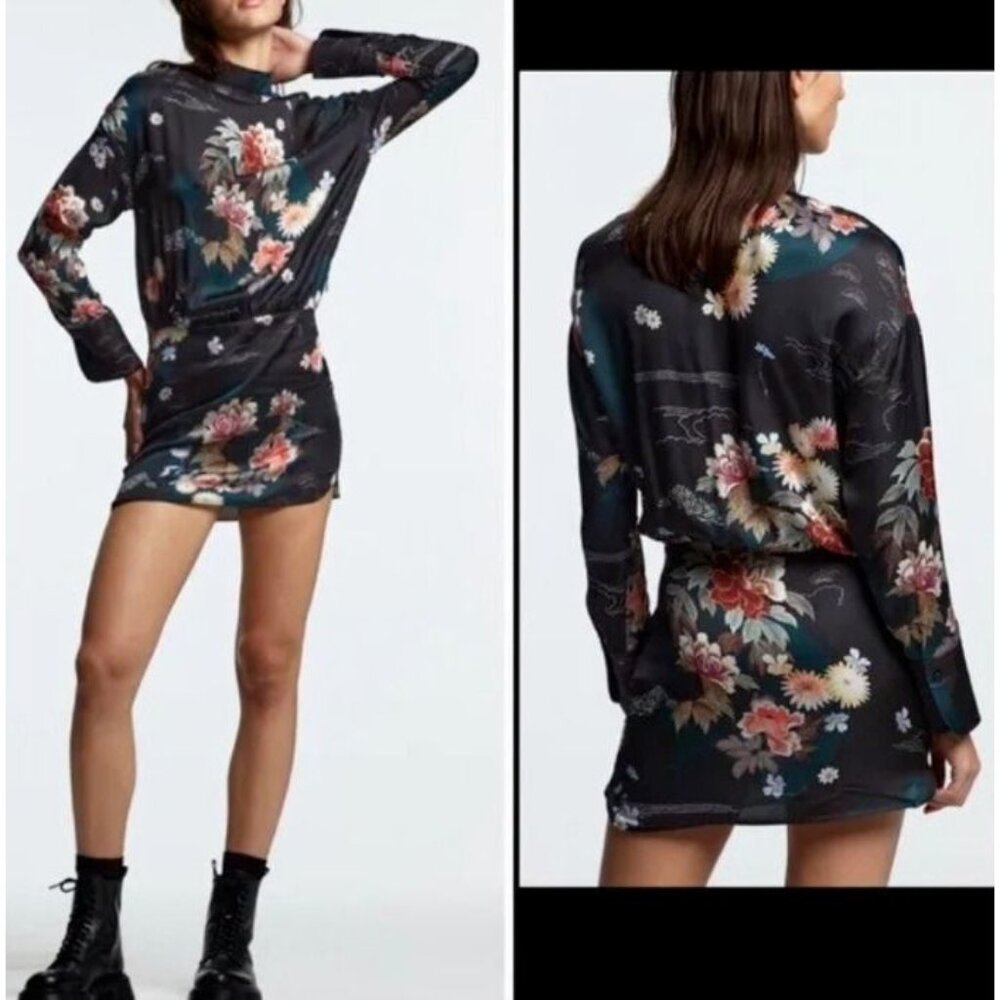 Zara Camila Dress L Large NWT NEW Green Floral Long Sleeve Silky